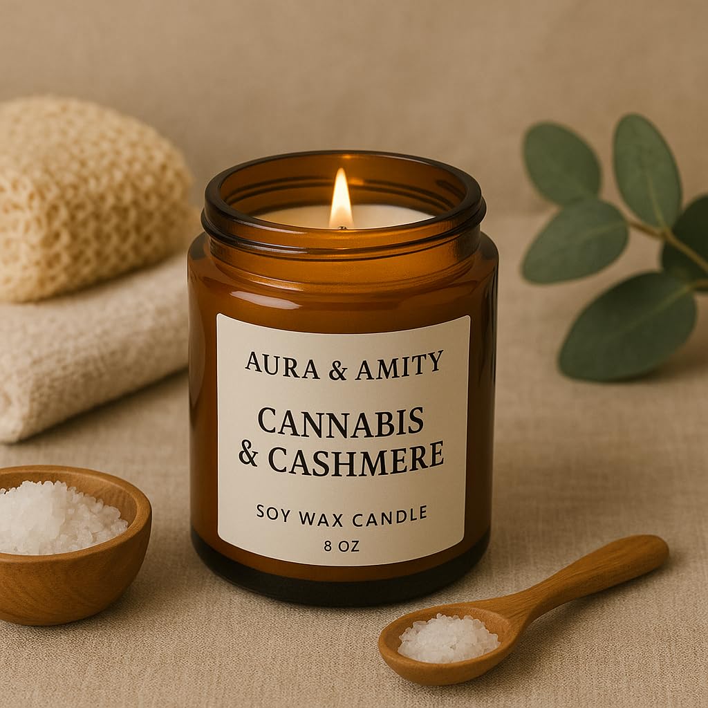 Aura & Amity Cannabis & Cashmere Soy Candle – 8 oz Hand-Poured Luxury Candle | Herbal Cannabis, Soft Cashmere & Musk Scent | Long Burn Eco-Friendly Amber Jar, Handmade in Texas