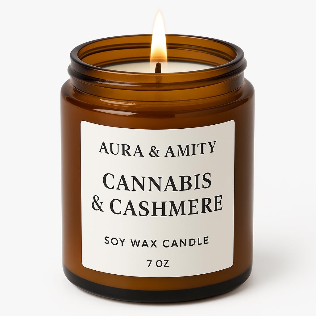 Aura & Amity Cannabis & Cashmere Soy Candle – 8 oz Hand-Poured Luxury Candle | Herbal Cannabis, Soft Cashmere & Musk Scent | Long Burn Eco-Friendly Amber Jar, Handmade in Texas