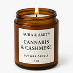 Aura & Amity Cannabis & Cashmere Soy Candle – 8 oz Hand-Poured Luxury Candle | Herbal Cannabis, Soft Cashmere & Musk Scent | Long Burn Eco-Friendly Amber Jar, Handmade in Texas