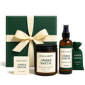 Aura & Amity Amber Santal Holiday Gift Set – Limited Edition Home Fragrance Box – 8 oz Soy Candle, 4 fl oz Room Spray, Wax Melts & Scented Bag – Handcrafted in Texas – Warm Sandalwood & Amber Aroma