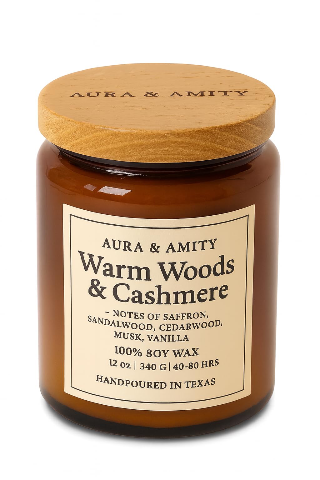 Aura & Amity Warm Woods & Cashmere Soy Candle – 12 oz Hand-Poured Luxury Candle | Sandalwood, Cashmere & Musk Scent | Long Burn Eco-Friendly Amber Jar, Handmade in Texas