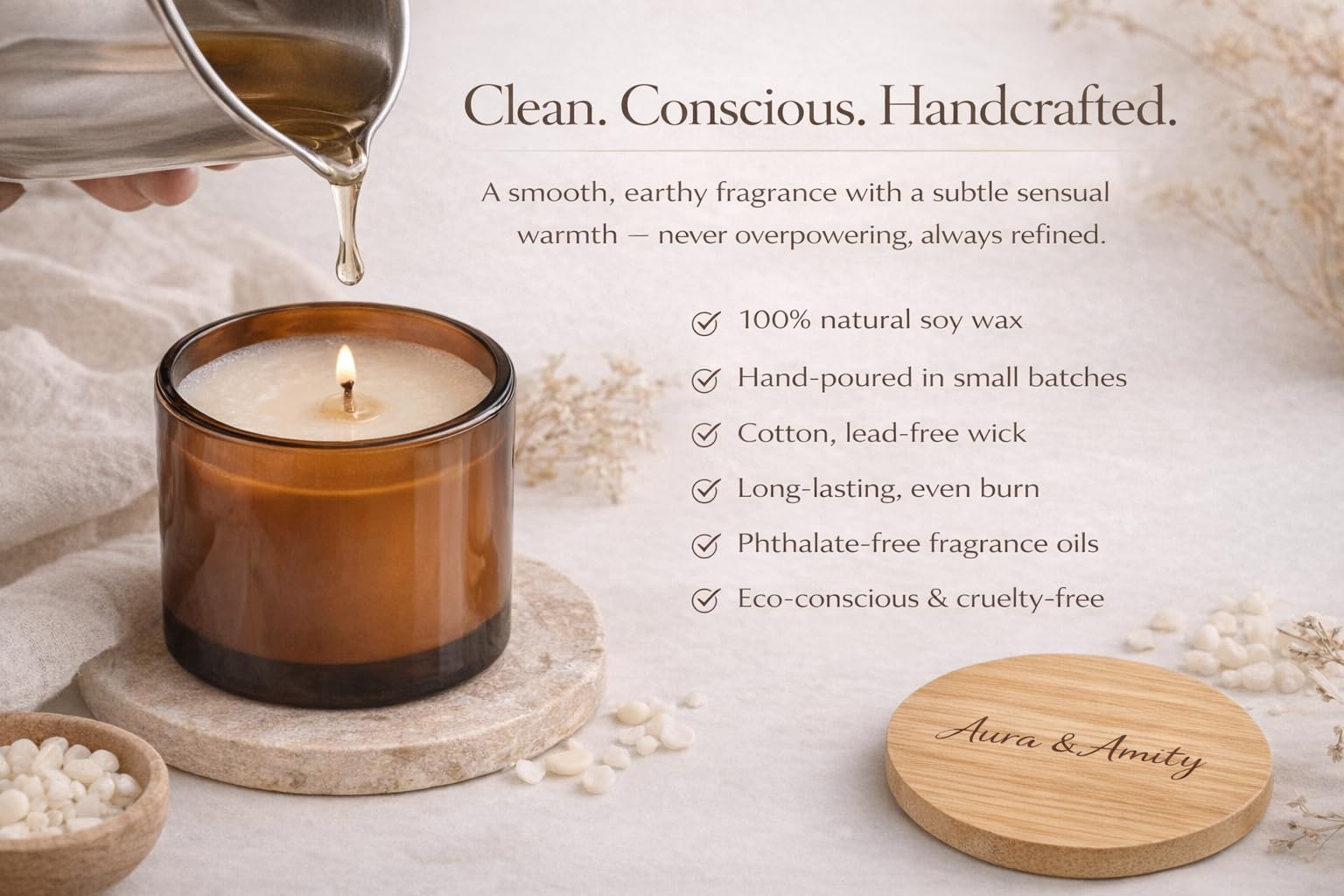 Aura & Amity Amber Santal Soy Candle | Hand-Poured Decorative Candle for Home Décor | 8 oz | Made in USA