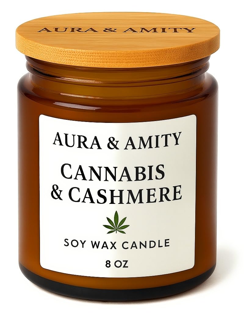 Aura & Amity Cannabis & Cashmere Soy Candle – 8 oz Hand-Poured Luxury Candle | Herbal Cannabis, Soft Cashmere & Musk Scent | Long Burn Eco-Friendly Amber Jar, Handmade in Texas