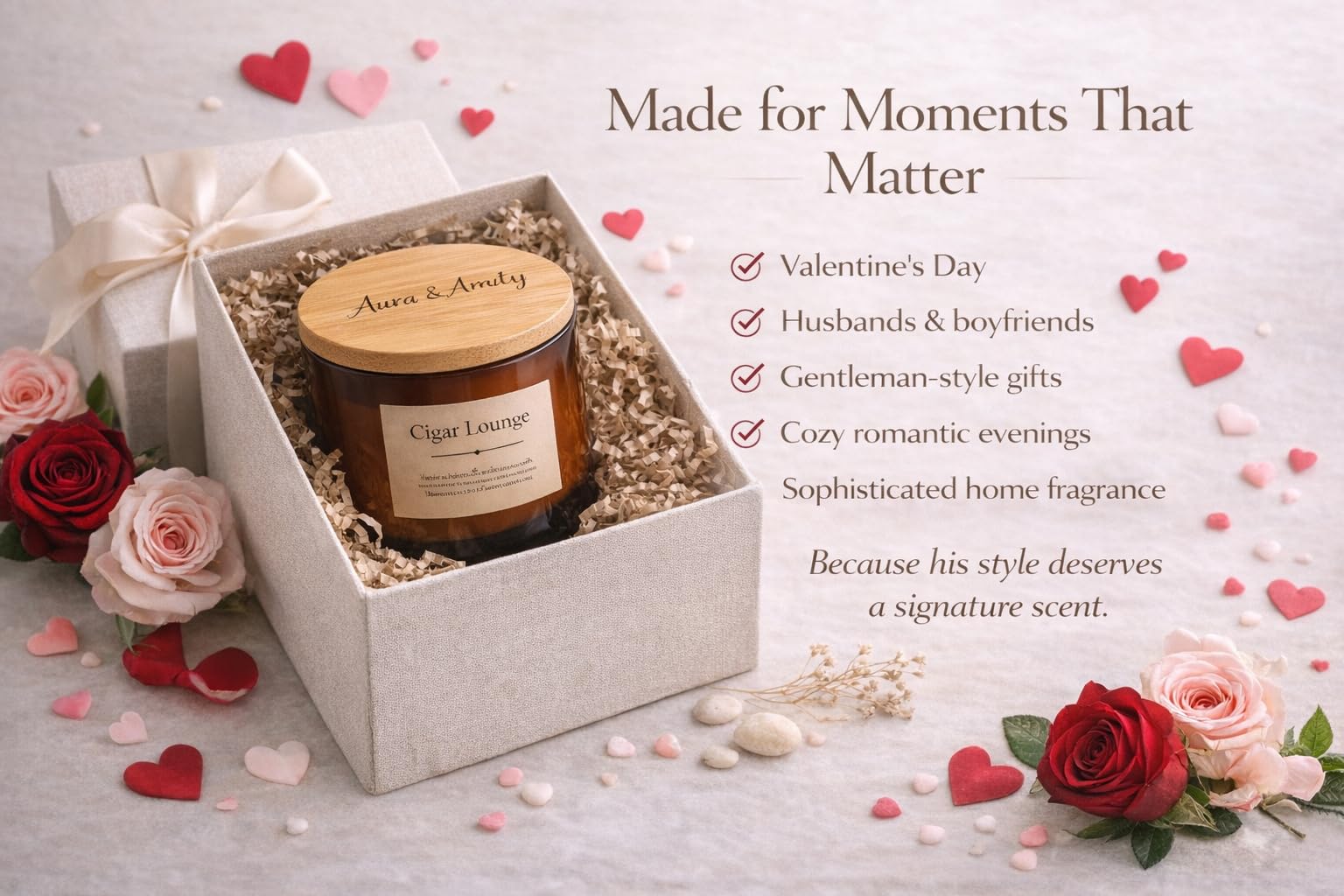 Aura & Amity Cigar Lounge Soy Candle | 8 oz Hand-Poured Luxury Scented Candle with Tobacco, Bergamot & Patchouli Notes | Long-Lasting Clean-Burning Home Fragrance | Made in The USA