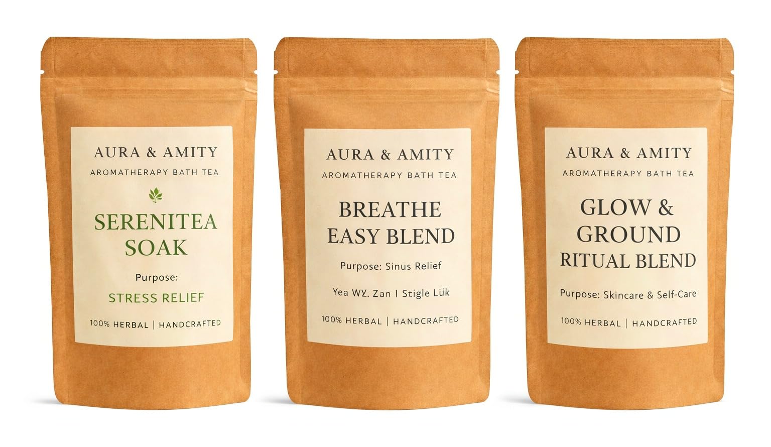 Aura & Amity Aromatherapy Bath Tea 3-Pack, Herbal Bath Soak Set with SereniTea Soak, Breathe Easy Blend, Glow & Ground Ritual, Stress Relief and Skincare