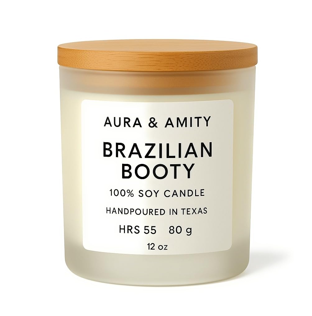 Aura & Amity Brazilian Booty Soy Candle – 12 oz | Hand-Poured in The USA | Tropical Orange, Coconut & Salted Caramel | Clean-Burning Home Fragrance | ~60–80 Hour Burn