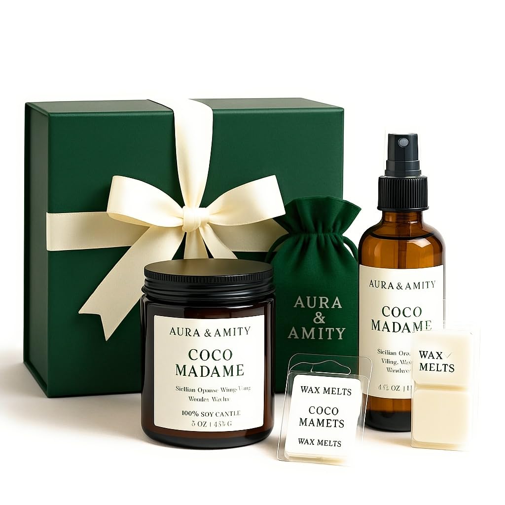 Aura & Amity Coco Madame Holiday Gift Set – Limited Edition Luxury Home Fragrance – 8 oz Soy Candle, 4 fl oz Room Spray, Wax Melts & Scented Bag – Handcrafted in The USA