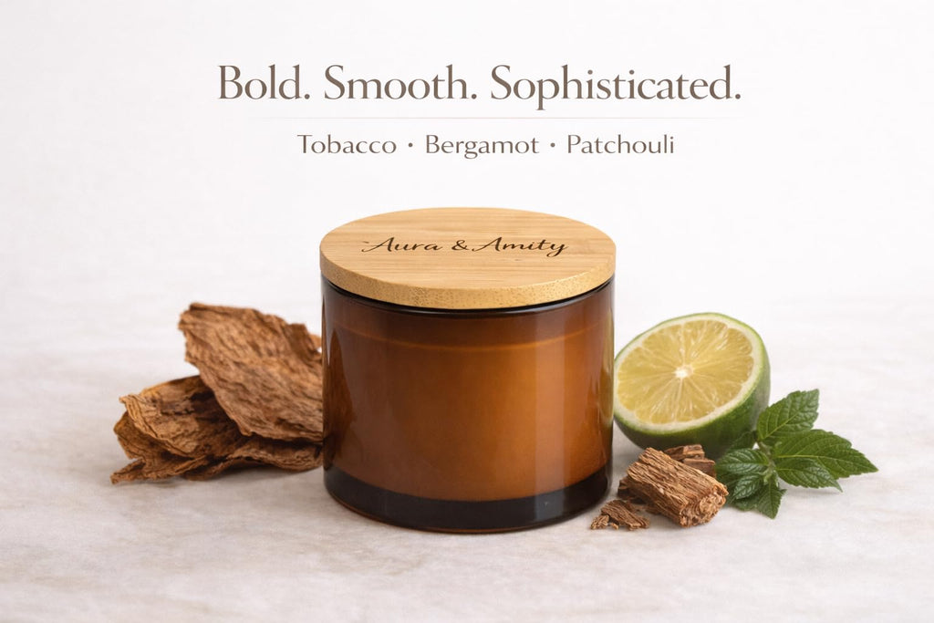 Aura & Amity Cigar Lounge Soy Candle | 8 oz Hand-Poured Luxury Scented Candle with Tobacco, Bergamot & Patchouli Notes | Long-Lasting Clean-Burning Home Fragrance | Made in The USA