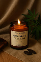 Aura & Amity Cannabis & Cashmere Soy Candle – 8 oz Hand-Poured Luxury Candle | Herbal Cannabis, Soft Cashmere & Musk Scent | Long Burn Eco-Friendly Amber Jar, Handmade in Texas