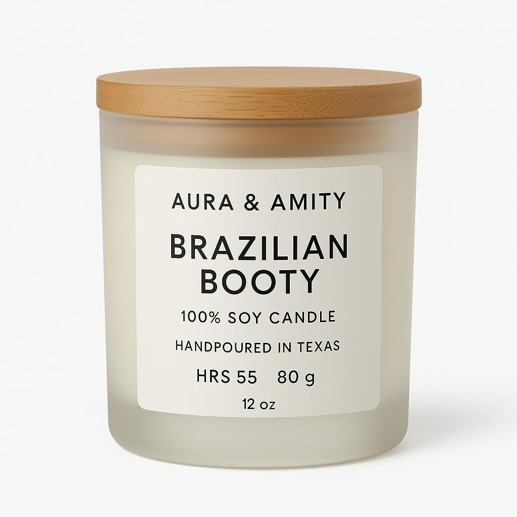 Aura & Amity Brazilian Booty Soy Candle – 12 oz | Hand-Poured in The USA | Tropical Orange, Coconut & Salted Caramel | Clean-Burning Home Fragrance | ~60–80 Hour Burn
