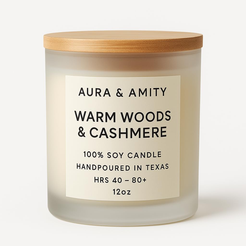 Aura & Amity Warm Woods & Cashmere Soy Candle – 12 oz Hand-Poured Luxury Candle | Sandalwood, Cashmere & Musk Scent | Long Burn Eco-Friendly Amber Jar, Handmade in Texas