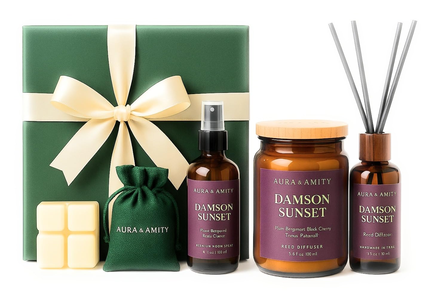 Aura & Amity Damson Sunset Holiday Gift Set – Limited Edition Luxury Home Fragrance Collection – 8 oz Soy Candle, Reed Diffuser, Room Spray, Wax Melt & Scented Bag – Handcrafted in The USA