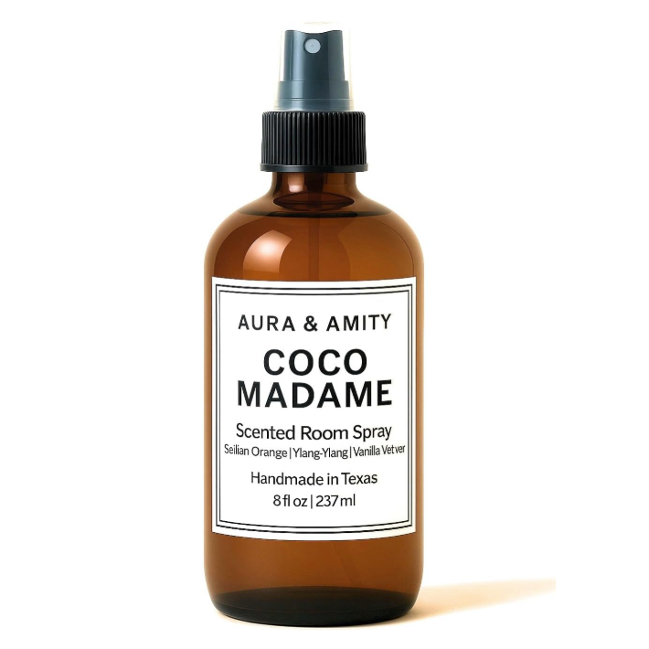 Aura & Amity CoCo Madame Room & Linen Spray – Handmade Luxury Home & Fabric Fragrance Mist, Long-Lasting Eco-Friendly Amber Bottle