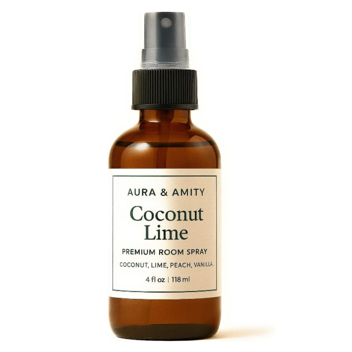 Aura & Amity Coconut Lime Room & Linen Spray – Handmade Luxury Home & Fabric Fragrance Mist, Long-Lasting Eco-Friendly Amber Bottle