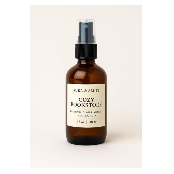 Aura & Amity Cozy Bookstore Room & Linen Spray – Handmade Luxury Home & Fabric Fragrance Mist, Long-Lasting Eco-Friendly Amber Bottle