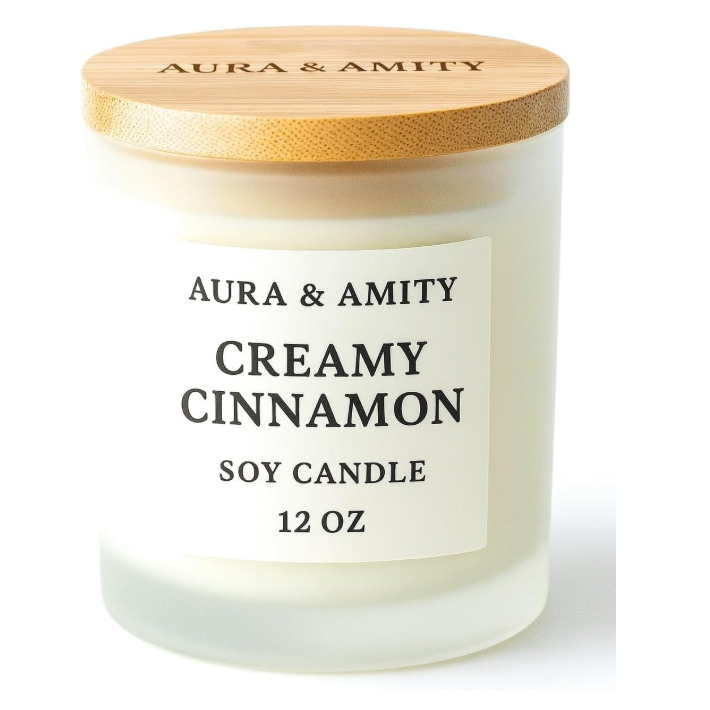 Aura & Amity Creamy Cinnamon Holiday Candle – 12 oz Hand-Poured Soy Candle, Large Christmas Candle, Long-Lasting Luxury Home Fragrance