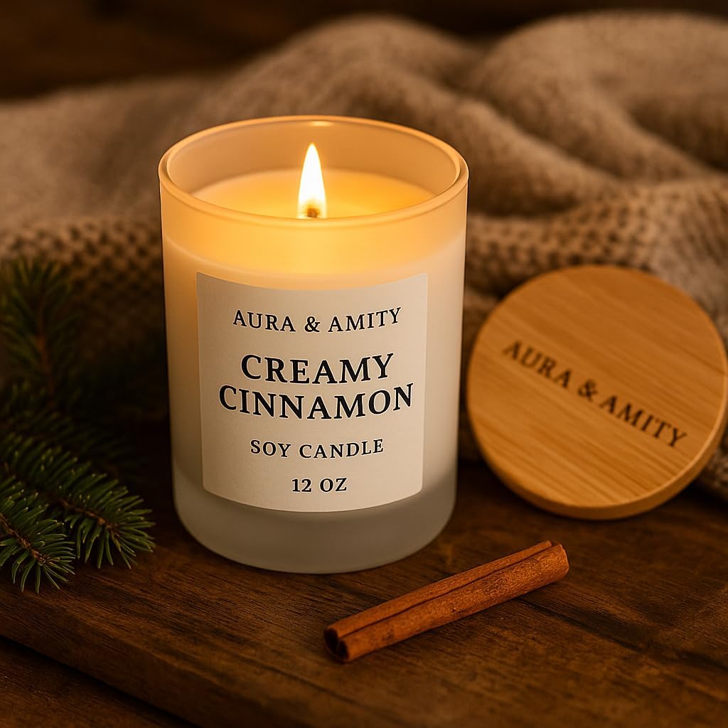 Aura & Amity Creamy Cinnamon Holiday Candle – 12 oz Hand-Poured Soy Candle, Large Christmas Candle, Long-Lasting Luxury Home Fragrance