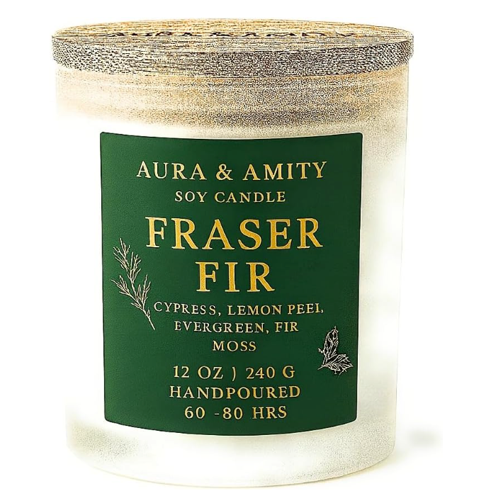 Aura & Amity Fraser Fir Holiday Candle – 12 oz Hand-Poured Soy Candle, Large Christmas Candle, Long-Lasting Luxury Home Fragrance
