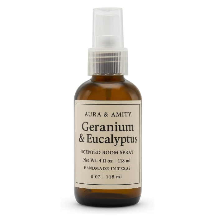 Aura & Amity Geranium & Eucalyptus Room & Linen Spray – Handmade Luxury Home & Fabric Fragrance Mist, Long-Lasting Eco-Friendly Amber Bottle