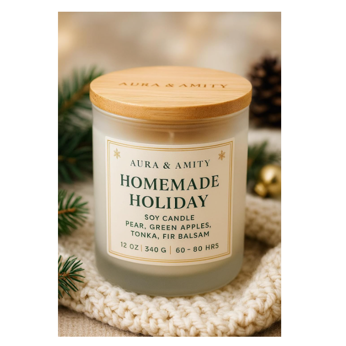 Aura & Amity Homemade Holiday Candle – 12 oz Hand-Poured Soy Candle, Large Christmas Candle, Long-Lasting Luxury Home Fragrance