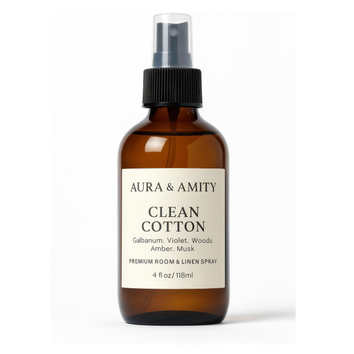 Aura & Amity Clean Cotton Room & Linen Spray – Handmade Luxury Home & Fabric Fragrance Mist, Long-Lasting Eco-Friendly Amber Bottle