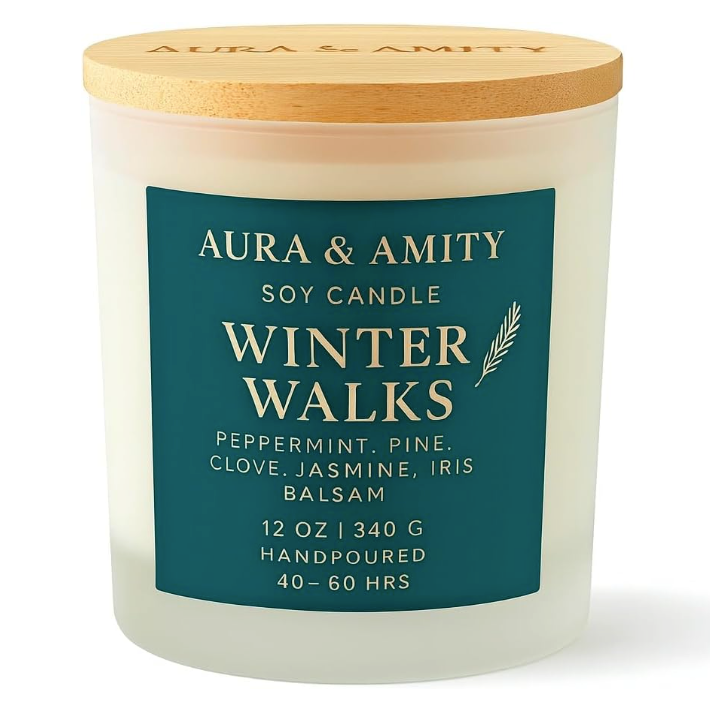 Aura & Amity Winter Walks Holiday Candle – 12 oz Hand-Poured Soy Candle, Large Winter Candle, Long-Lasting Luxury Home Fragrance