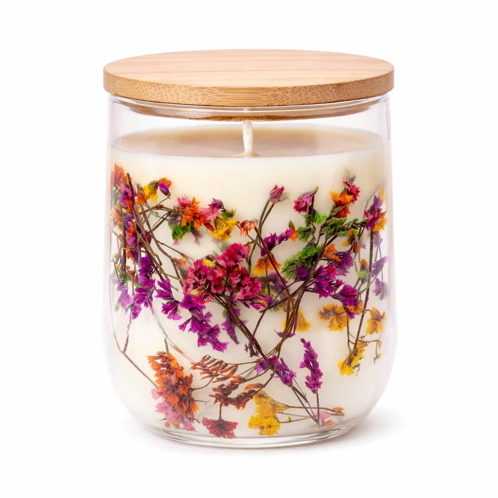Aura & Amity Pearl & Driftwood Soy Candle, 7 oz | Clear Botanical Glass Jar + Bamboo Lid | Fresh Coconut, Bergamot, Jasmine + Amber & Vanilla | Hand-Poured | ~40 Hour Burn