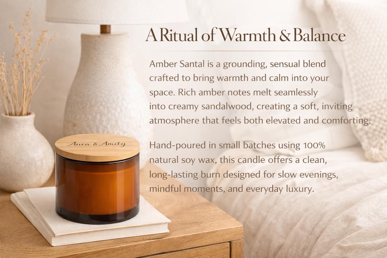 Aura & Amity Amber Santal Soy Candle | Hand-Poured Decorative Candle for Home Décor | 8 oz | Made in USA