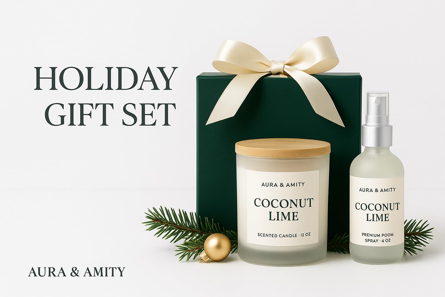 Aura & Amity Coconut Lime Holiday Gift Set – Limited Edition Home Fragrance Box – 12 oz Soy Candle & 4 oz Room Spray – Hand-Poured in The USA – Fresh Coconut & Zesty Lime Aroma - Perfect Holiday Gift