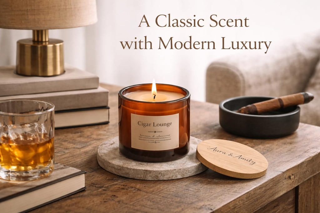 Aura & Amity Cigar Lounge Soy Candle | 8 oz Hand-Poured Luxury Scented Candle with Tobacco, Bergamot & Patchouli Notes | Long-Lasting Clean-Burning Home Fragrance | Made in The USA