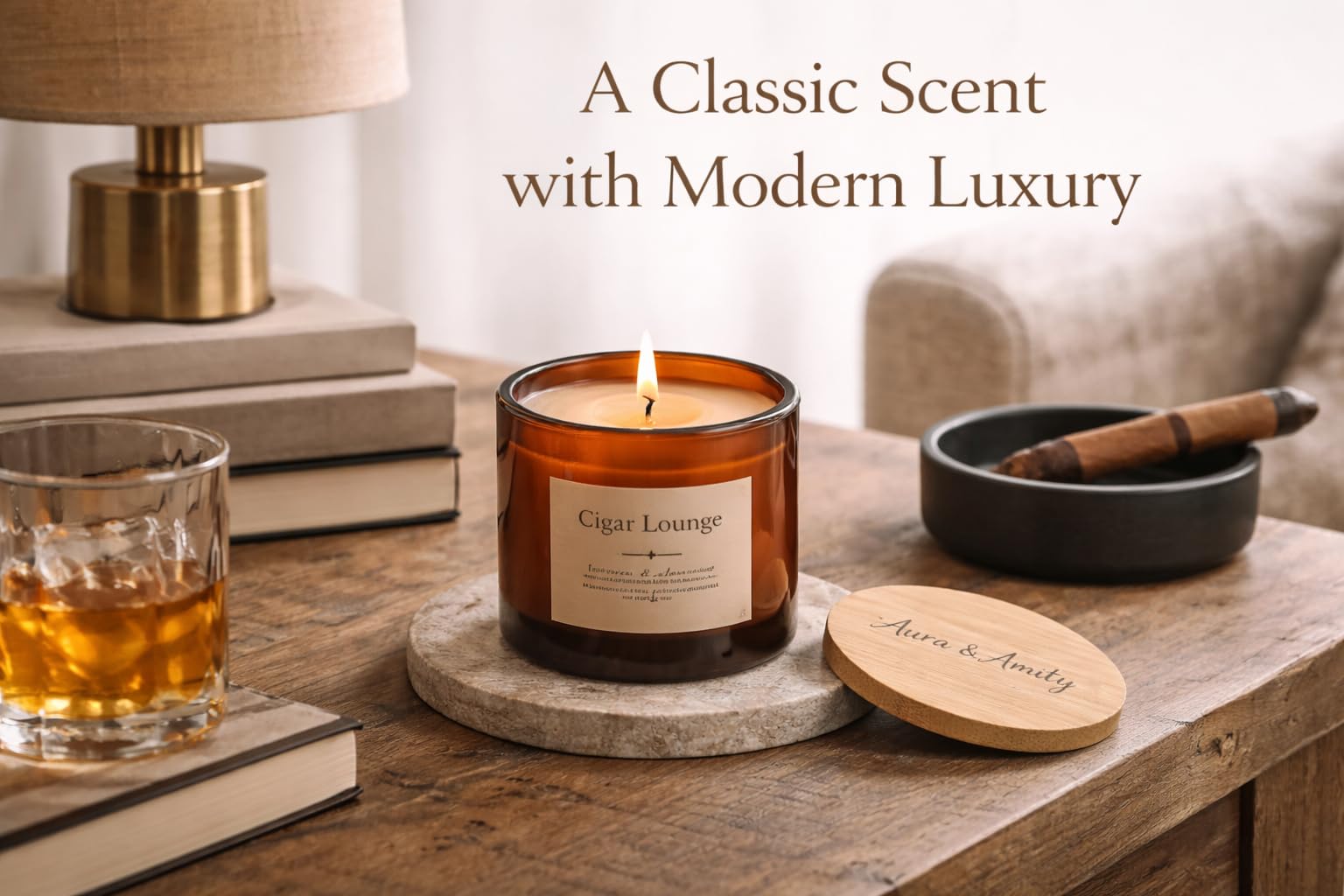 Aura & Amity Cigar Lounge Soy Candle | 8 oz Hand-Poured Luxury Scented Candle with Tobacco, Bergamot & Patchouli Notes | Long-Lasting Clean-Burning Home Fragrance | Made in The USA