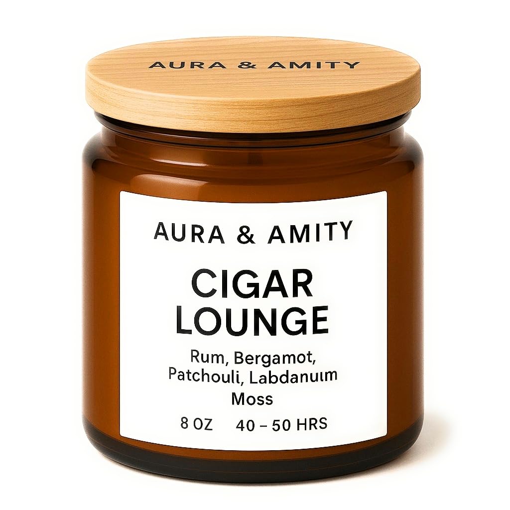 Aura & Amity Cigar Lounge Soy Candle | 8 oz Hand-Poured Luxury Scented Candle with Tobacco, Bergamot & Patchouli Notes | Long-Lasting Clean-Burning Home Fragrance | Made in The USA