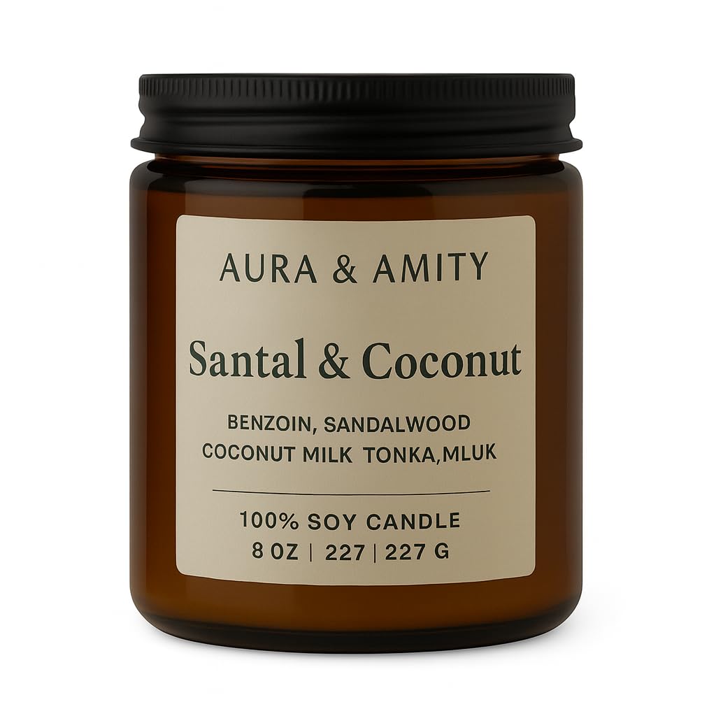 Aura & Amity Santal & Coconut Soy Candle | 8 oz Hand-Poured Decorative Candle for Home Décor | Made in USA