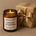 Aura & Amity Cannabis & Cashmere Soy Candle – 8 oz Hand-Poured Luxury Candle | Herbal Cannabis, Soft Cashmere & Musk Scent | Long Burn Eco-Friendly Amber Jar, Handmade in Texas