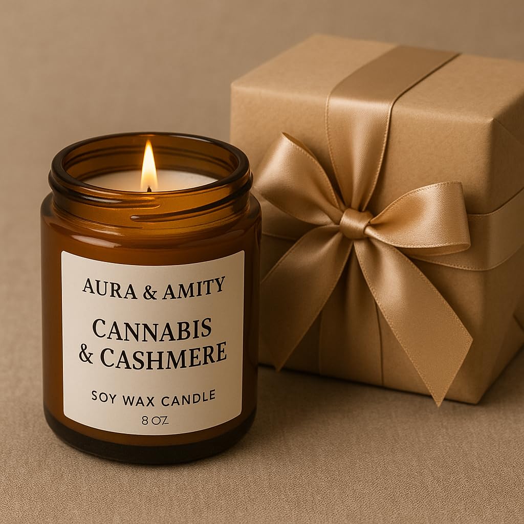 Aura & Amity Cannabis & Cashmere Soy Candle – 8 oz Hand-Poured Luxury Candle | Herbal Cannabis, Soft Cashmere & Musk Scent | Long Burn Eco-Friendly Amber Jar, Handmade in Texas