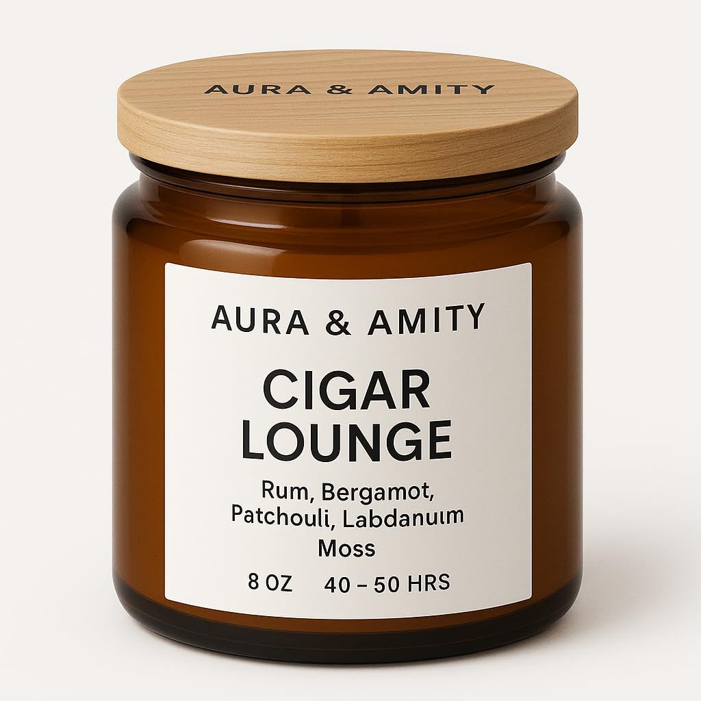 Aura & Amity Cigar Lounge Soy Candle | 8 oz Hand-Poured in The USA | Highly Scented with Tobacco, Bergamot & Patchouli | Long Lasting 100% Soy Wax | Clean Burn | Amber Jar Candle for Home Office