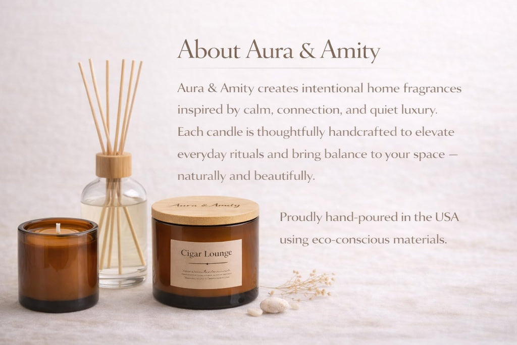 Aura & Amity Cigar Lounge Soy Candle | 8 oz Hand-Poured Luxury Scented Candle with Tobacco, Bergamot & Patchouli Notes | Long-Lasting Clean-Burning Home Fragrance | Made in The USA