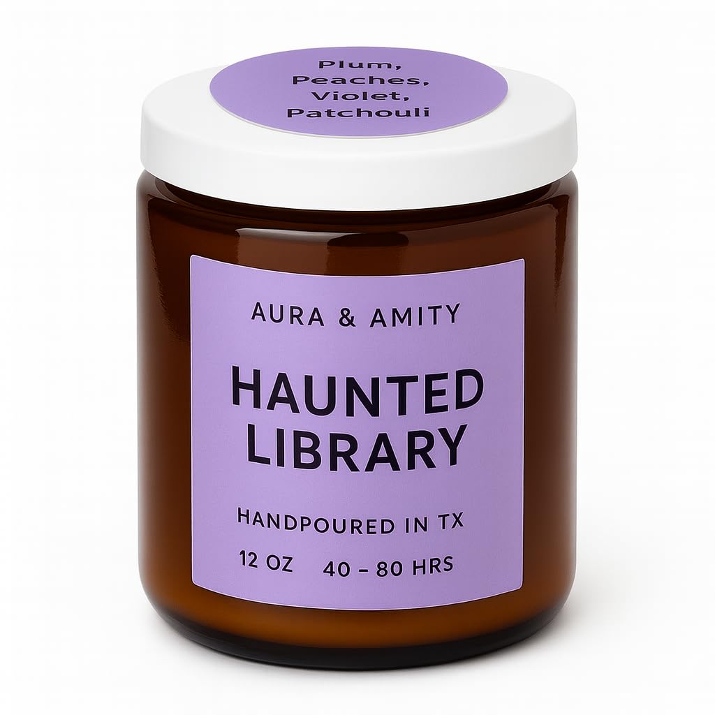 Aura & Amity Haunted Library Soy Candle – Plum, Peaches, Violet & Patchouli – Hand-Poured in Texas